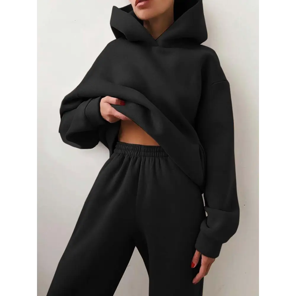 Women’s Casual Hooded Sweater Two-piece Suit Clothes Hoodie Tracksuit - Black / S