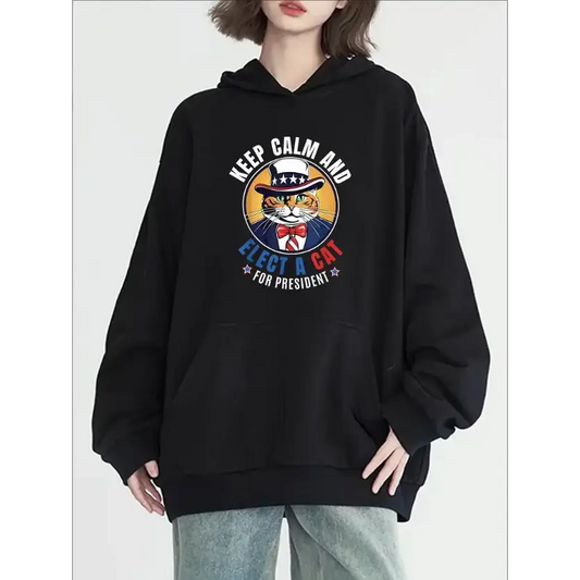 Women’s Casual Hoodie With Cool Cat Print - Long Sleeve Round Neck With Pockets Cozy Pullover For Fall & Winter
