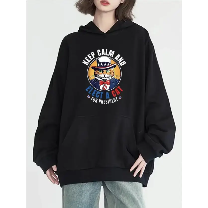 Women’s Casual Hoodie With Cool Cat Print - Long Sleeve Round Neck With Pockets Cozy Pullover For Fall & Winter