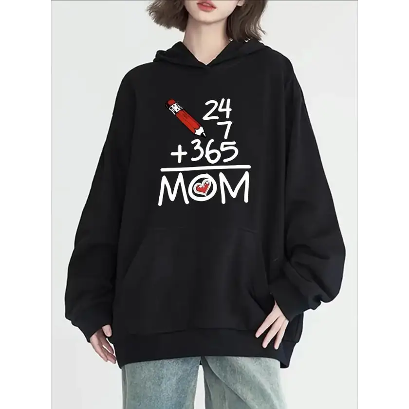 Women’s Casual Hoodie With Mom Graphic - Long Sleeve Round Neck With Pockets Cozy Pullover For Fall & Winter - Black