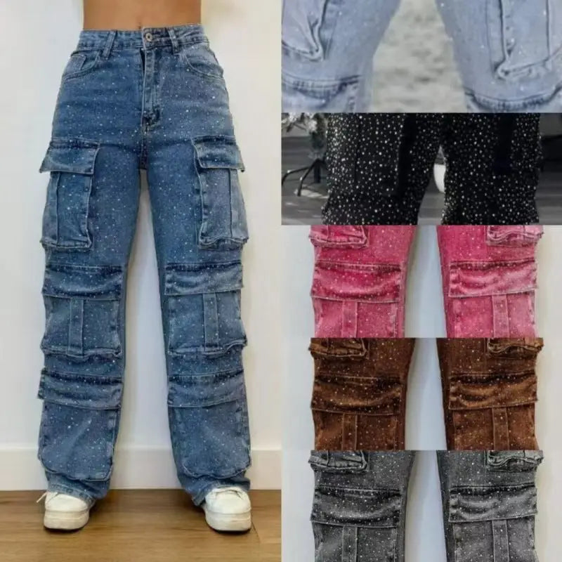 Women’s Casual Jeans With Pockets And Diamonds Overalls