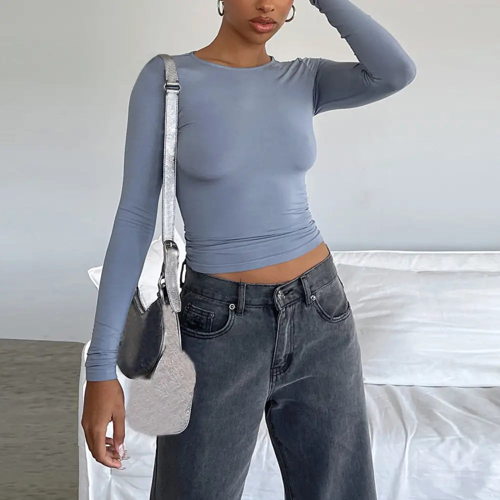 Women's Clothing Fashion Slim Long-sleeved Pullovers Tops Solid Causal Fit Shirts Beyond Trends Hub