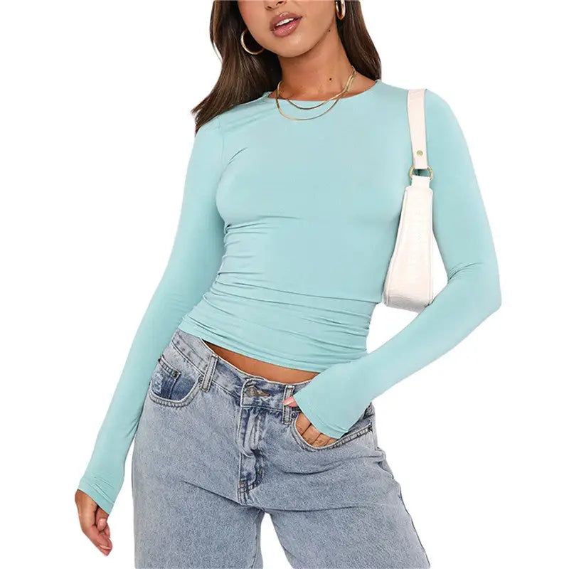 Women's Clothing Fashion Slim Long-sleeved Pullovers Tops Solid Causal Fit Shirts Beyond Trends Hub