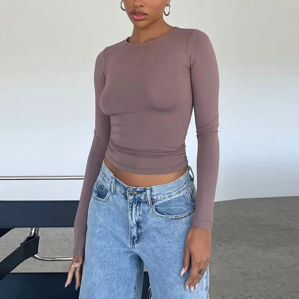Women's Clothing Fashion Slim Long-sleeved Pullovers Tops Solid Causal Fit Shirts Beyond Trends Hub