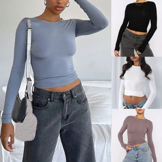 Women's Clothing Fashion Slim Long-sleeved Pullovers Tops Solid Causal Fit Shirts Beyond Trends Hub