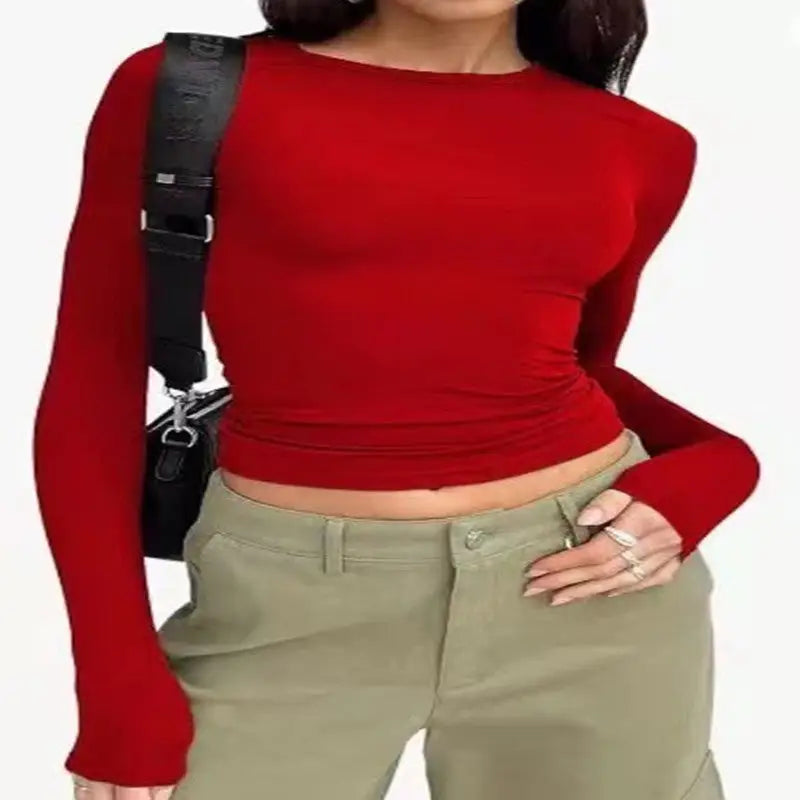 Women's Clothing Fashion Slim Long-sleeved Pullovers Tops Solid Causal Fit Shirts Beyond Trends Hub