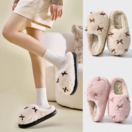 Women's Cute Plush Home Slippers Butterfly Knot Cotton Slippers Comfortable Thick Bottom Outdoor Slippers Winter Indoor Soft Warm Slippers Beyond Trends Hub