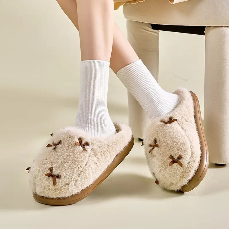 Women's Cute Plush Home Slippers Butterfly Knot Cotton Slippers Comfortable Thick Bottom Outdoor Slippers Winter Indoor Soft Warm Slippers Beyond Trends Hub