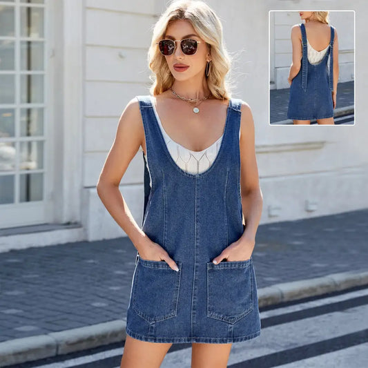 Women’s Denim Overalls Dress With Pockets Sling Mid-length Dresses Summer