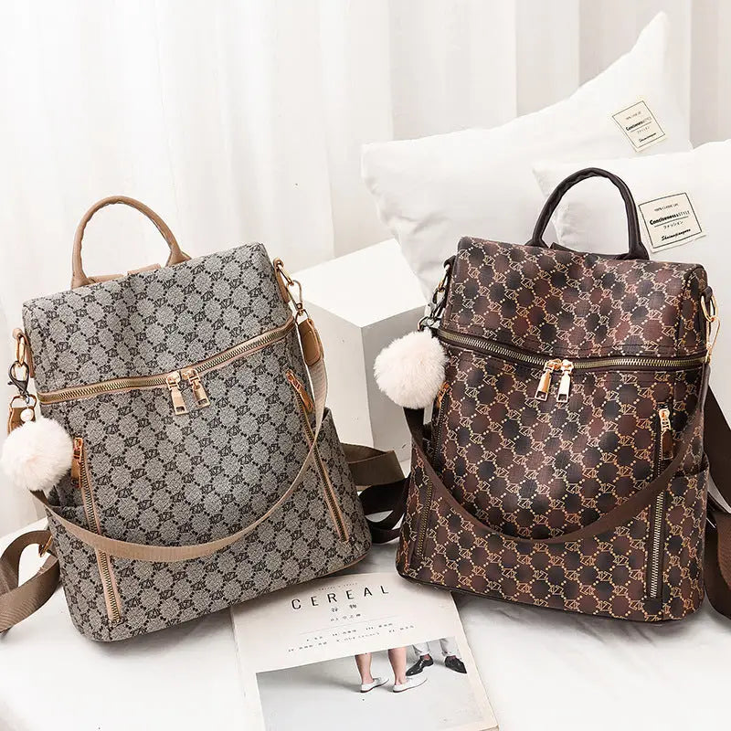 Women’s Double Shoulder Traval Casual Backpack Fashion PU Leather Print Pattern Rucksack - Khaki