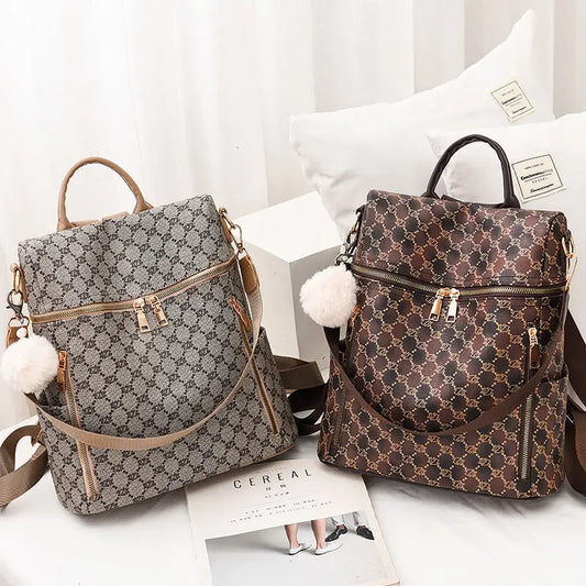 Women’s Double Shoulder Traval Casual Backpack Fashion PU Leather Print Pattern Rucksack - Khaki