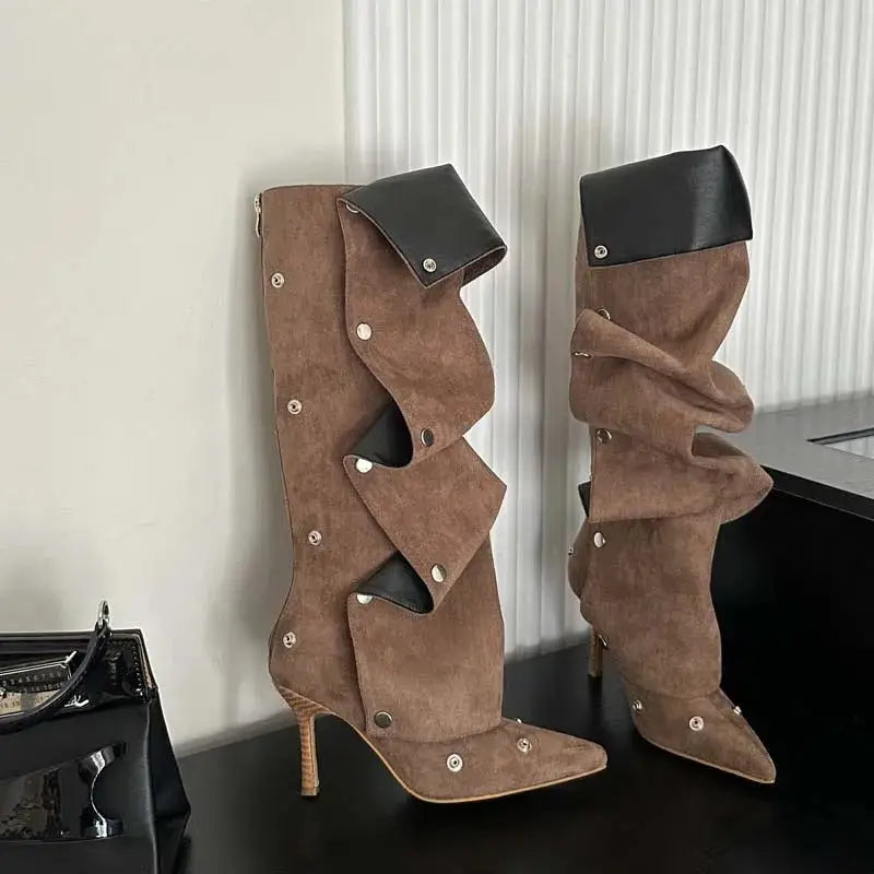 Women's Fashion Buckle Stitching Stiletto Heel Denim Pleated Pile Style Boots Beyond Trends Hub