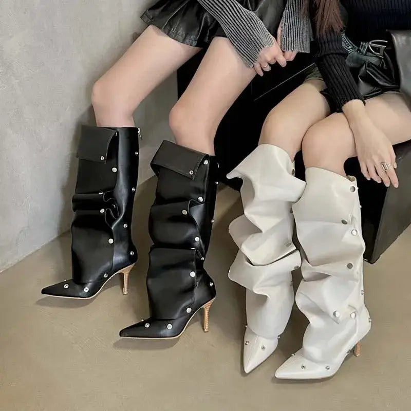 Women's Fashion Buckle Stitching Stiletto Heel Denim Pleated Pile Style Boots Beyond Trends Hub