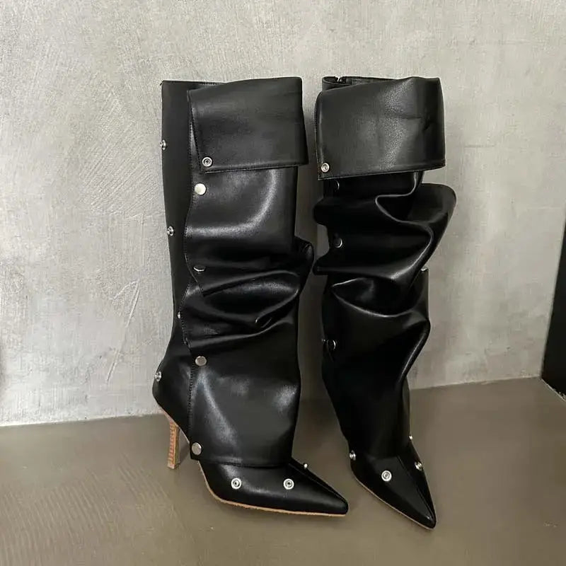 Women's Fashion Buckle Stitching Stiletto Heel Denim Pleated Pile Style Boots Beyond Trends Hub