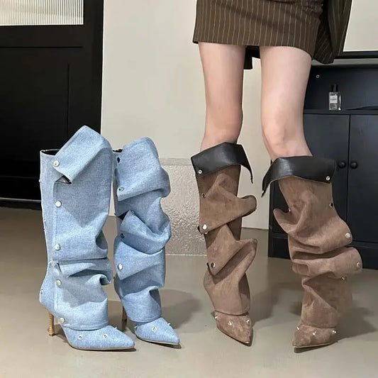 Women's Fashion Buckle Stitching Stiletto Heel Denim Pleated Pile Style Boots Beyond Trends Hub