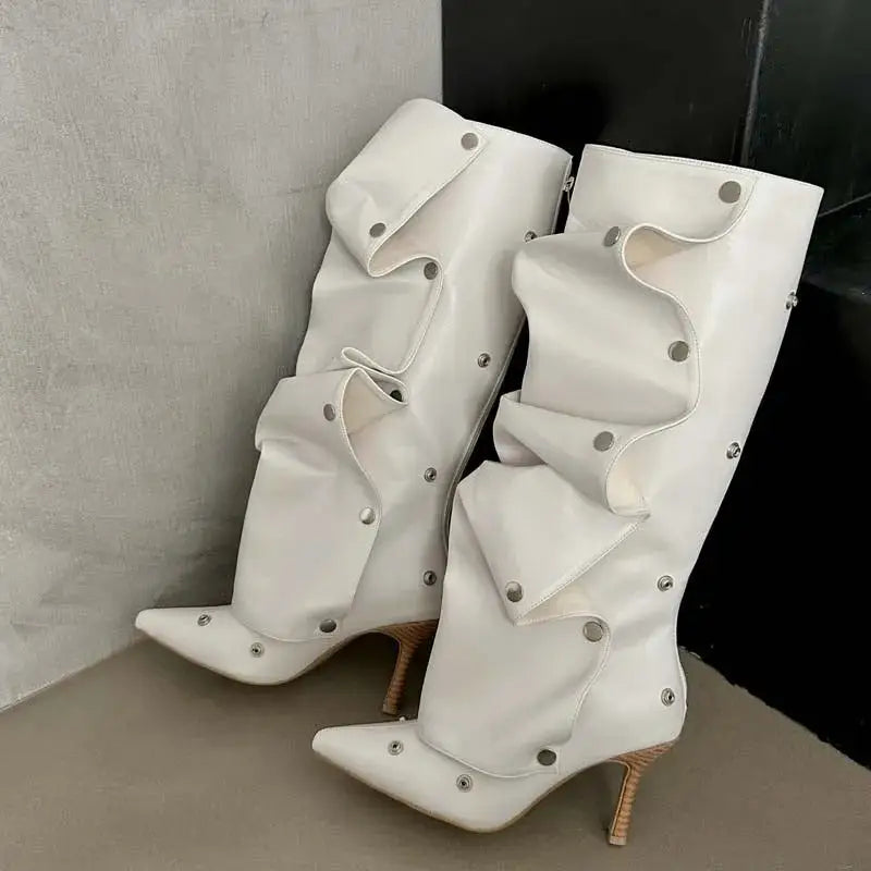 Women's Fashion Buckle Stitching Stiletto Heel Denim Pleated Pile Style Boots Beyond Trends Hub