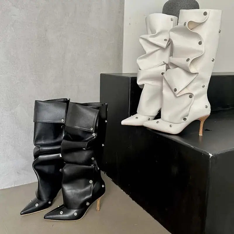 Women's Fashion Buckle Stitching Stiletto Heel Denim Pleated Pile Style Boots Beyond Trends Hub