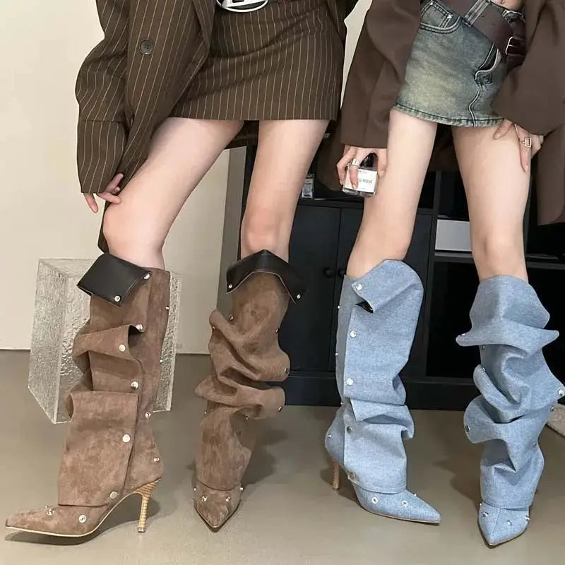 Women's Fashion Buckle Stitching Stiletto Heel Denim Pleated Pile Style Boots Beyond Trends Hub
