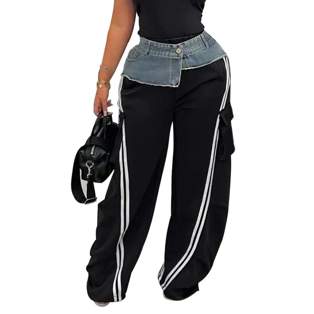 Women’s Fashion Denim Stitching Elastic Waist Pull Strip Baggy Straight Trousers