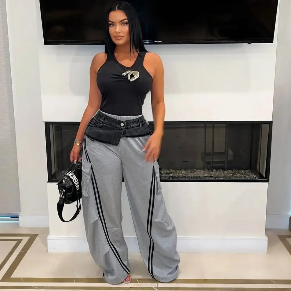 Women’s Fashion Denim Stitching Elastic Waist Pull Strip Baggy Straight Trousers - Gray / L