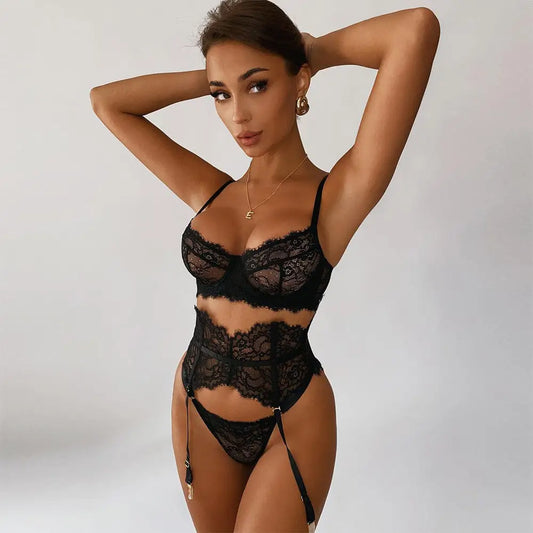 Women's Fashion Lace Patchwork Cross-shape Underwear Garter Stockings Three Sets Beyond Trends Hub