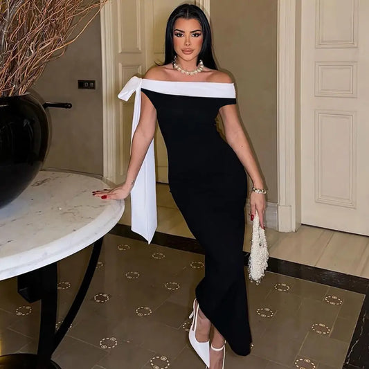 Women’s Fashion Off-shoulder Ribbon Slim Fit Dress
