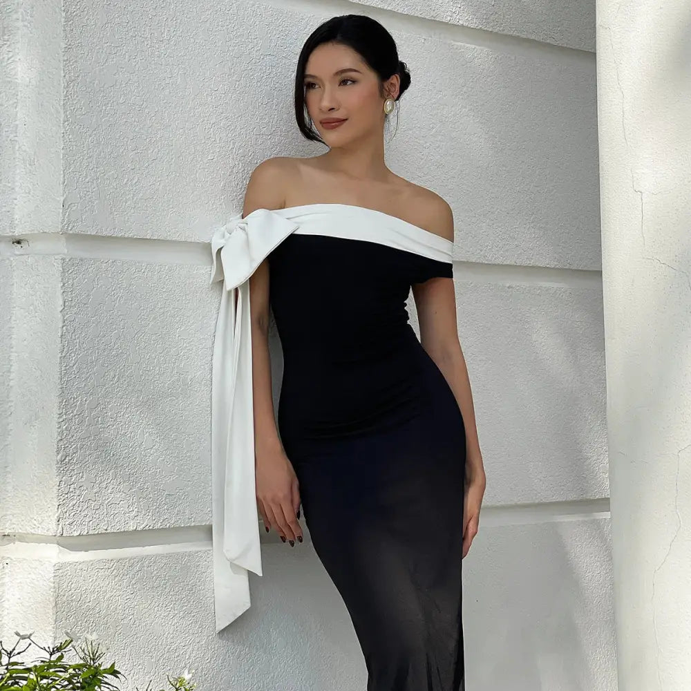 Women’s Fashion Off-shoulder Ribbon Slim Fit Dress