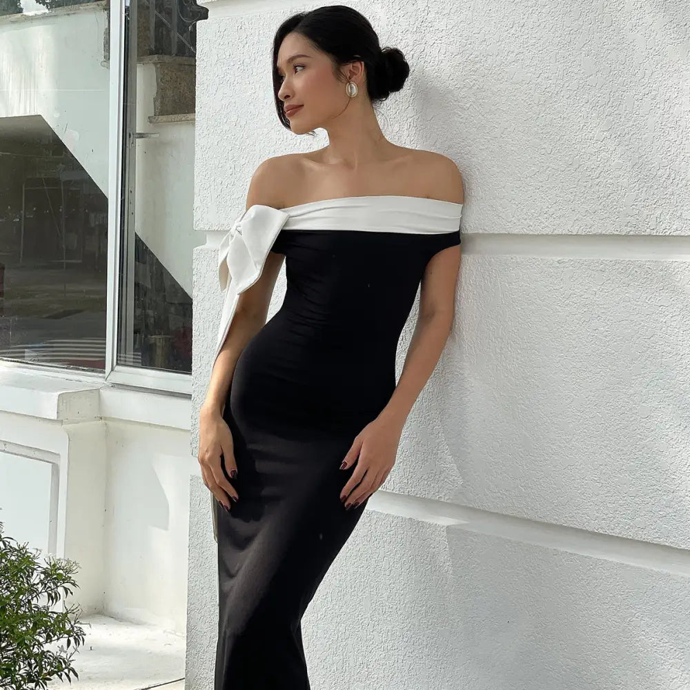 Women’s Fashion Off-shoulder Ribbon Slim Fit Dress