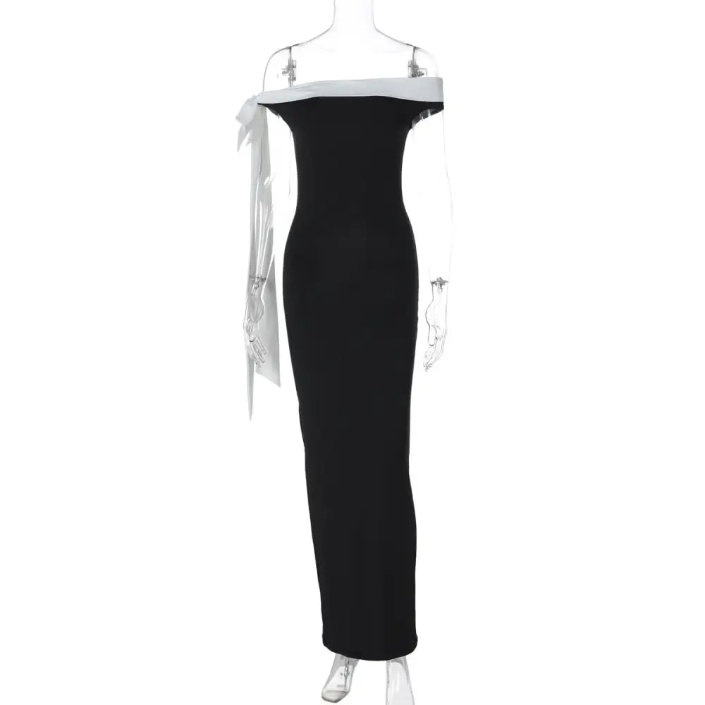 Women’s Fashion Off-shoulder Ribbon Slim Fit Dress - Black / S