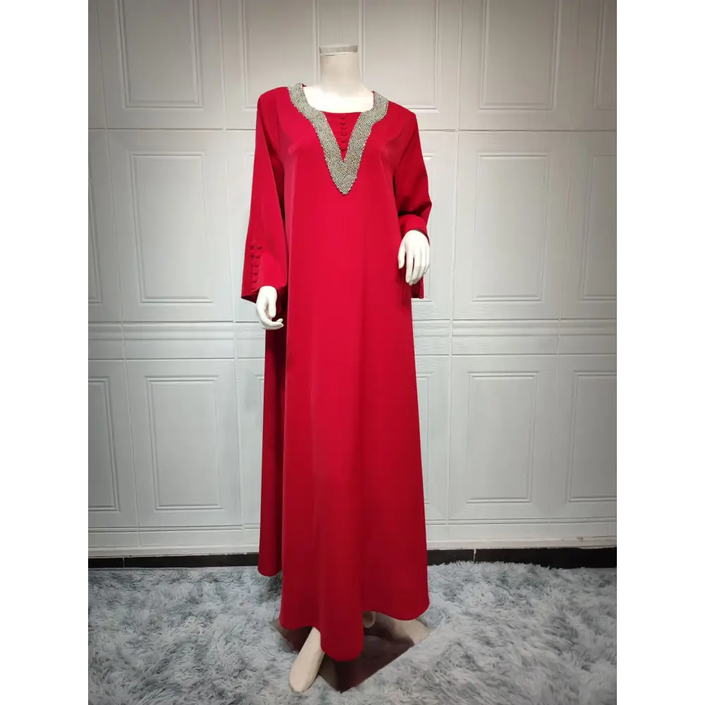 Women’s Fashion Plus Size Women Handmade Beaded Rhinestone Dress - Red / S