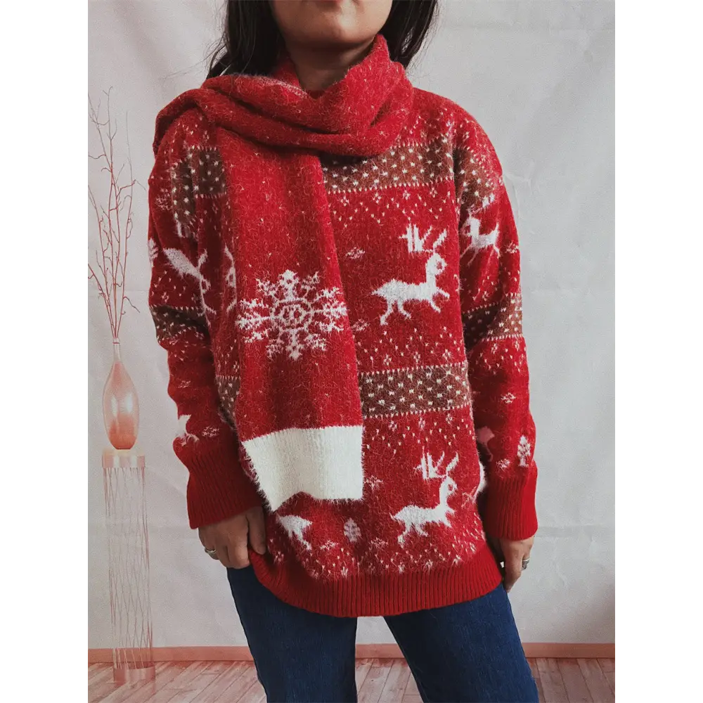 Women's Fashion Round Neck Long Sleeve Deer Snowflake Jacquard Christmas Sweater Beyond Trends Hub