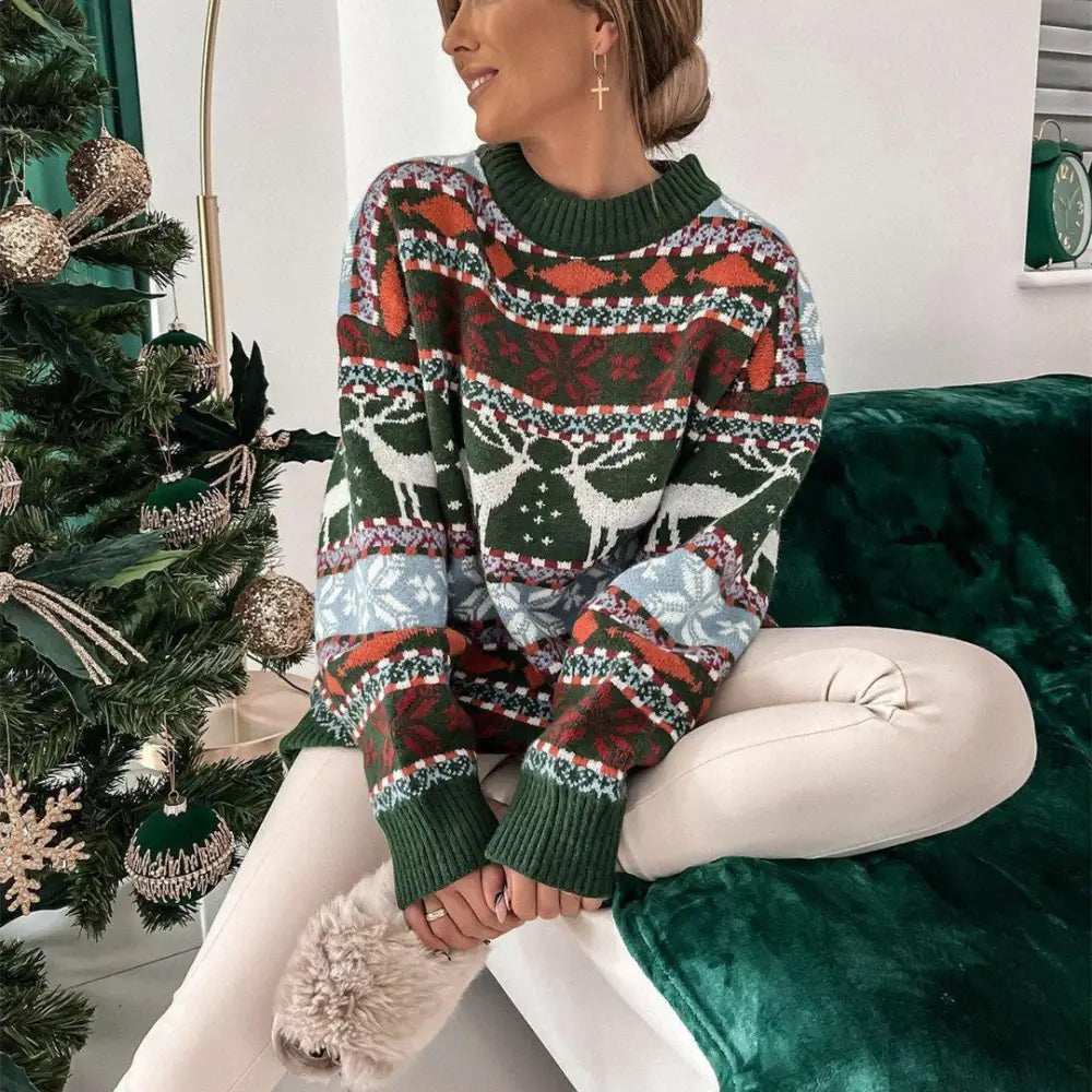 Women's Fashion Round Neck Loose Christmas Theme Jacquard Long Sleeve Sweater Beyond Trends Hub