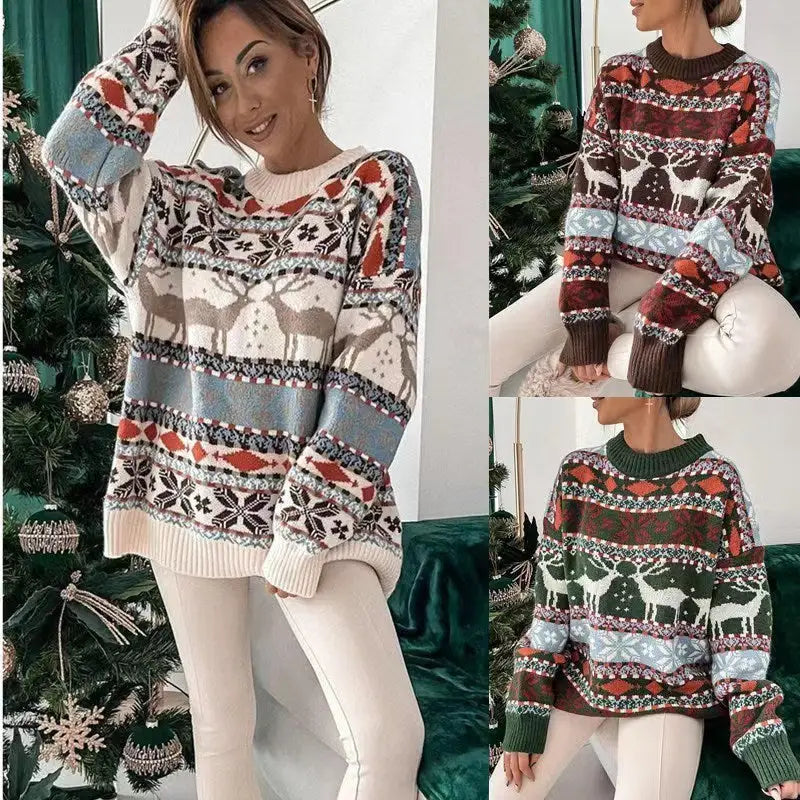 Women's Fashion Round Neck Loose Christmas Theme Jacquard Long Sleeve Sweater Beyond Trends Hub