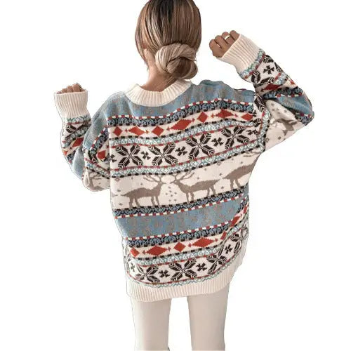 Women's Fashion Round Neck Loose Christmas Theme Jacquard Long Sleeve Sweater Beyond Trends Hub