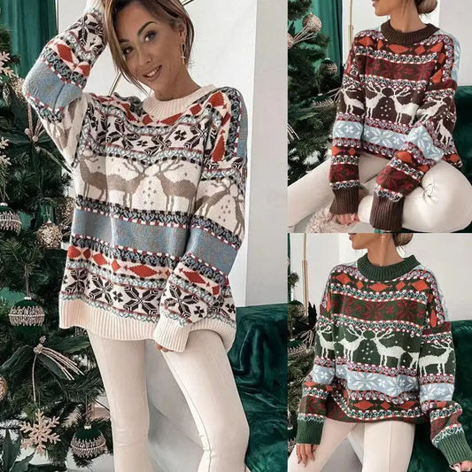 Women's Fashion Round Neck Loose Christmas Theme Jacquard Long Sleeve Sweater Beyond Trends Hub