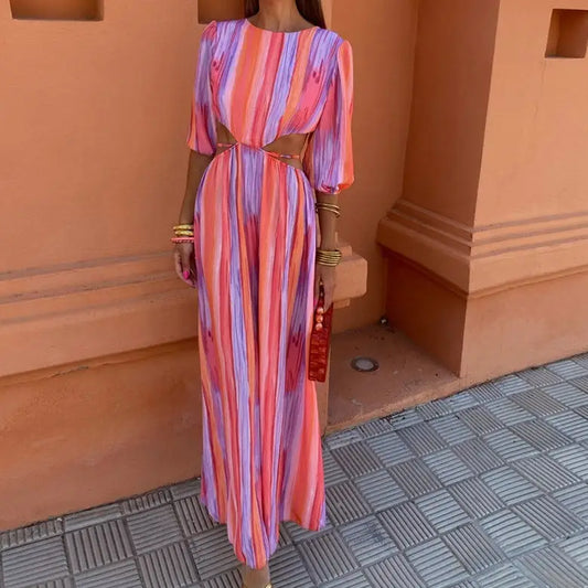 Women's Fashion Round Neck Midriff Outfit Tie-dye Dress - Beyond Trends Hub 