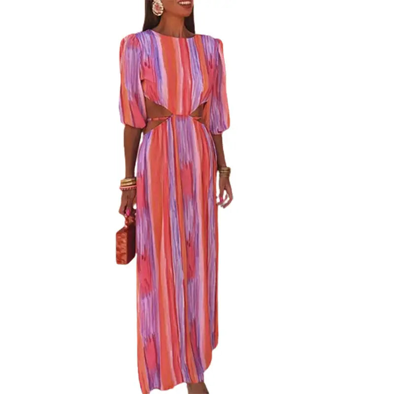 Women's Fashion Round Neck Midriff Outfit Tie-dye Dress - Beyond Trends Hub 
