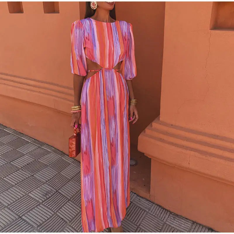 Women's Fashion Round Neck Midriff Outfit Tie-dye Dress - Beyond Trends Hub 