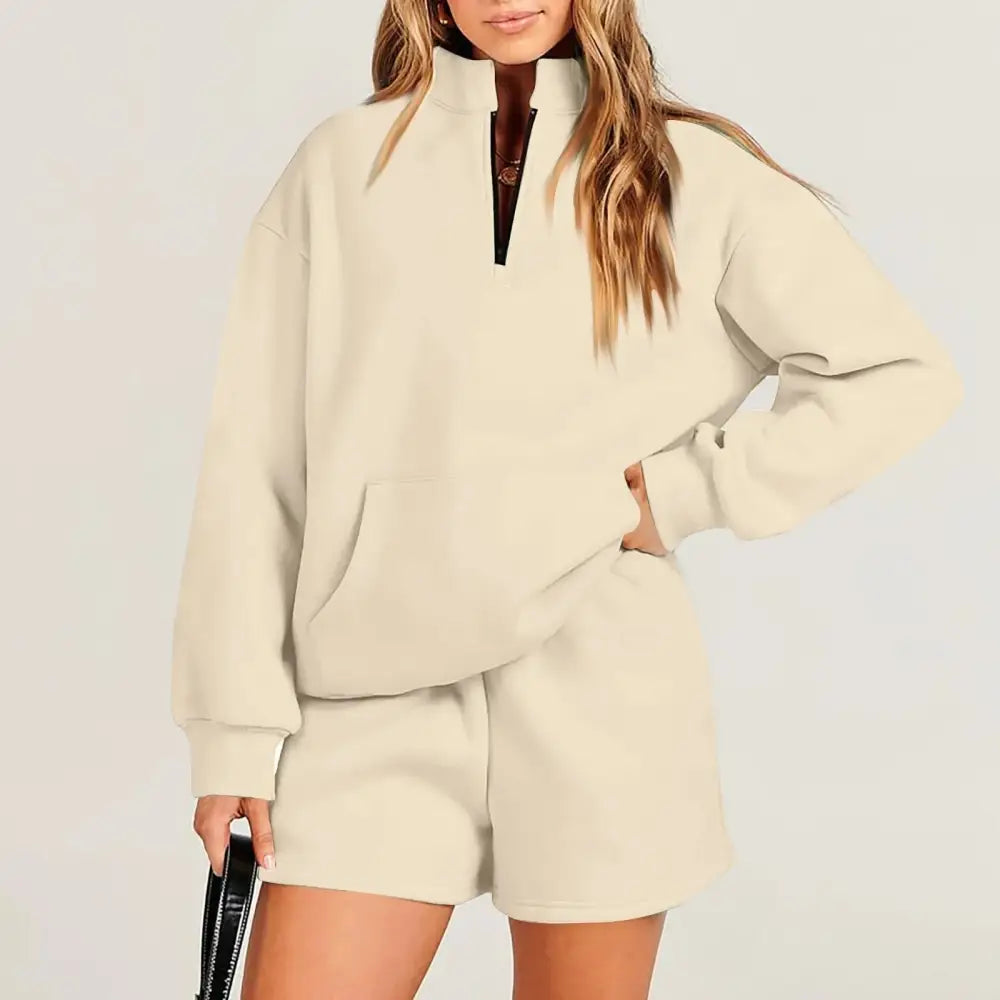 Women's Fashion Solid Color Stand Collar Half Zip Pullover Long Sleeve Sweater Shorts Suit Beyond Trends Hub