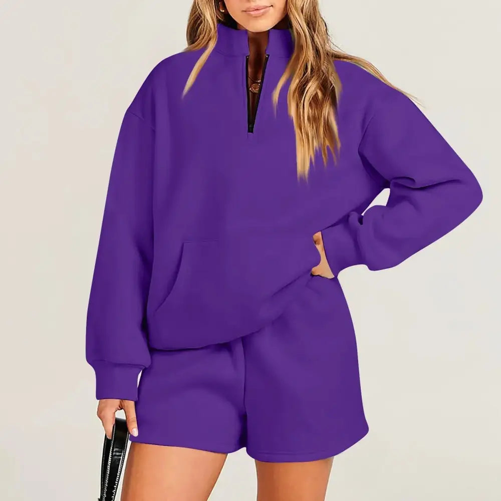 Women's Fashion Solid Color Stand Collar Half Zip Pullover Long Sleeve Sweater Shorts Suit Beyond Trends Hub