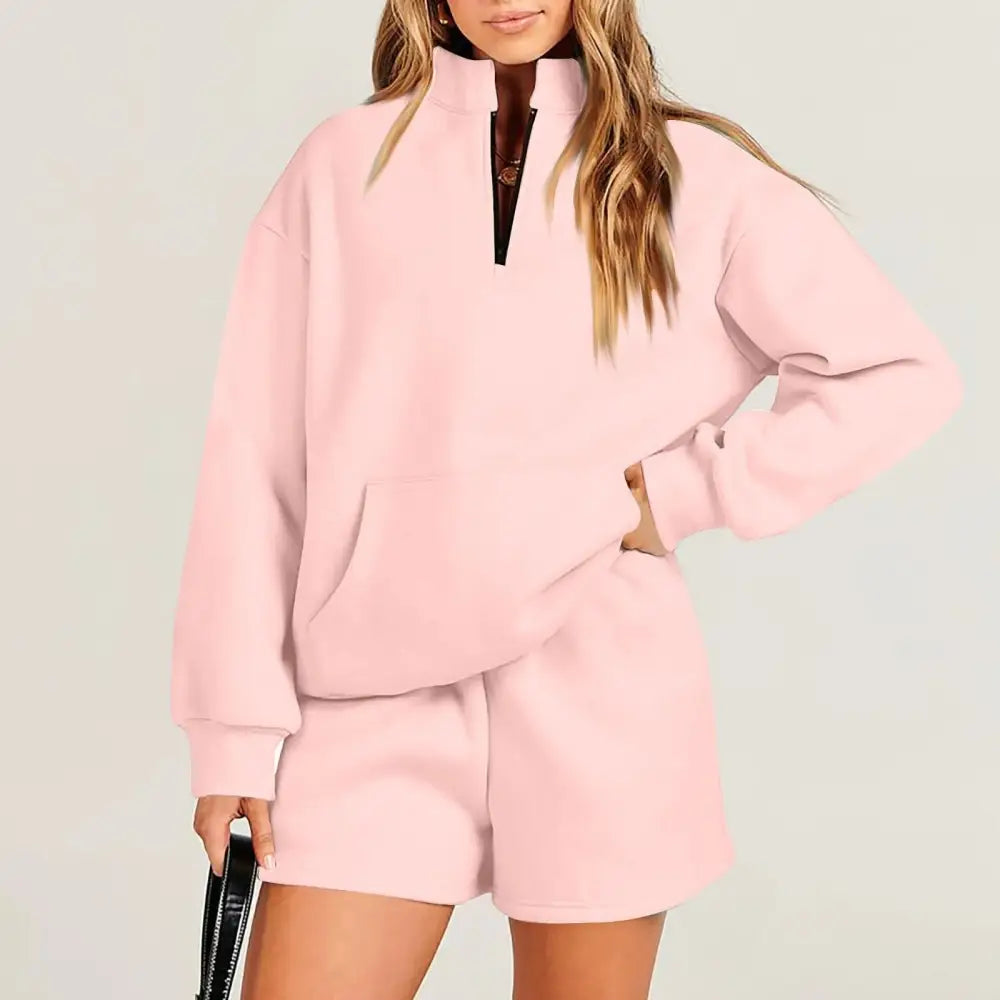 Women's Fashion Solid Color Stand Collar Half Zip Pullover Long Sleeve Sweater Shorts Suit Beyond Trends Hub