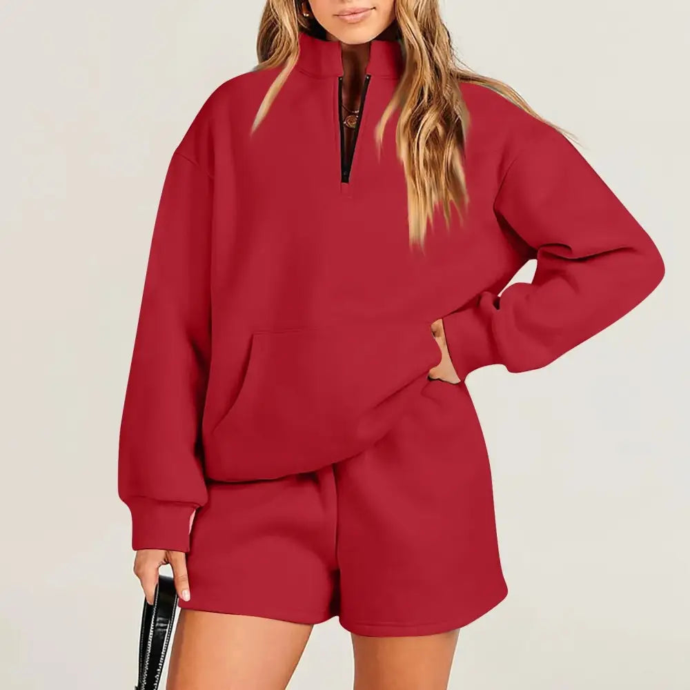 Women's Fashion Solid Color Stand Collar Half Zip Pullover Long Sleeve Sweater Shorts Suit Beyond Trends Hub