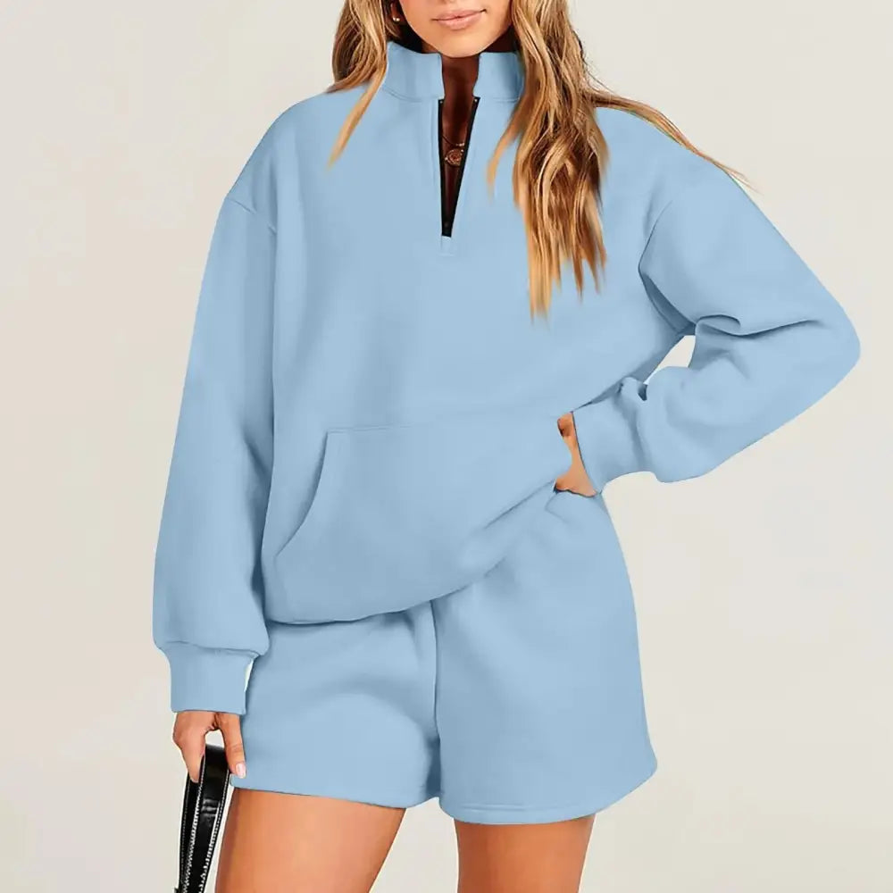 Women's Fashion Solid Color Stand Collar Half Zip Pullover Long Sleeve Sweater Shorts Suit Beyond Trends Hub