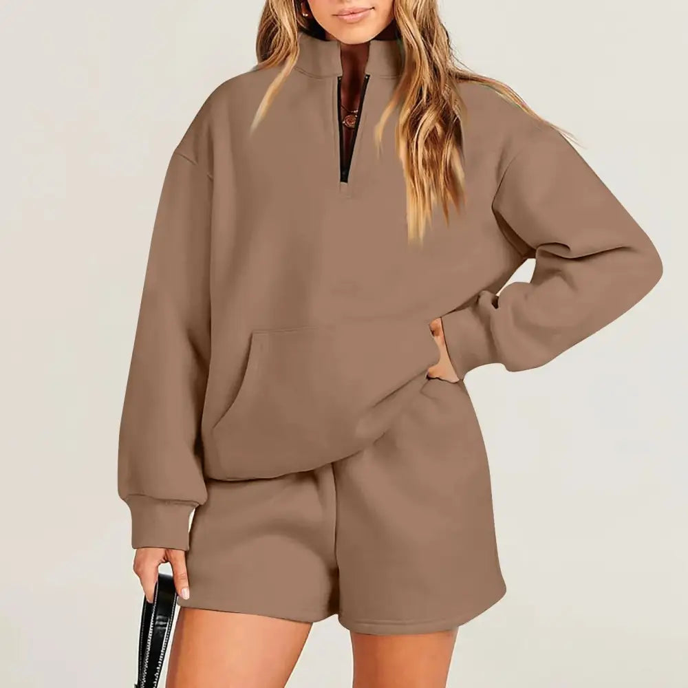Women's Fashion Solid Color Stand Collar Half Zip Pullover Long Sleeve Sweater Shorts Suit Beyond Trends Hub