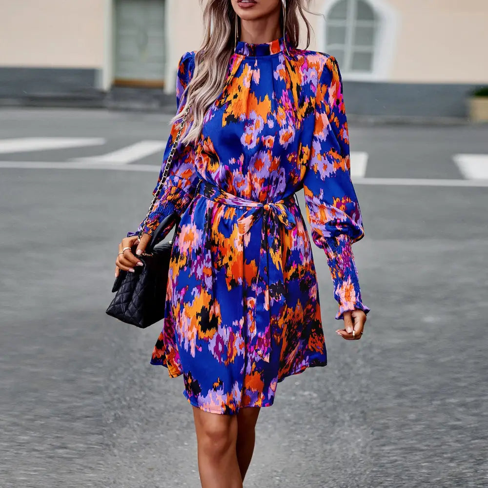 Women’s Fashion Temperament Printed Long Sleeve Dress - Blue / S