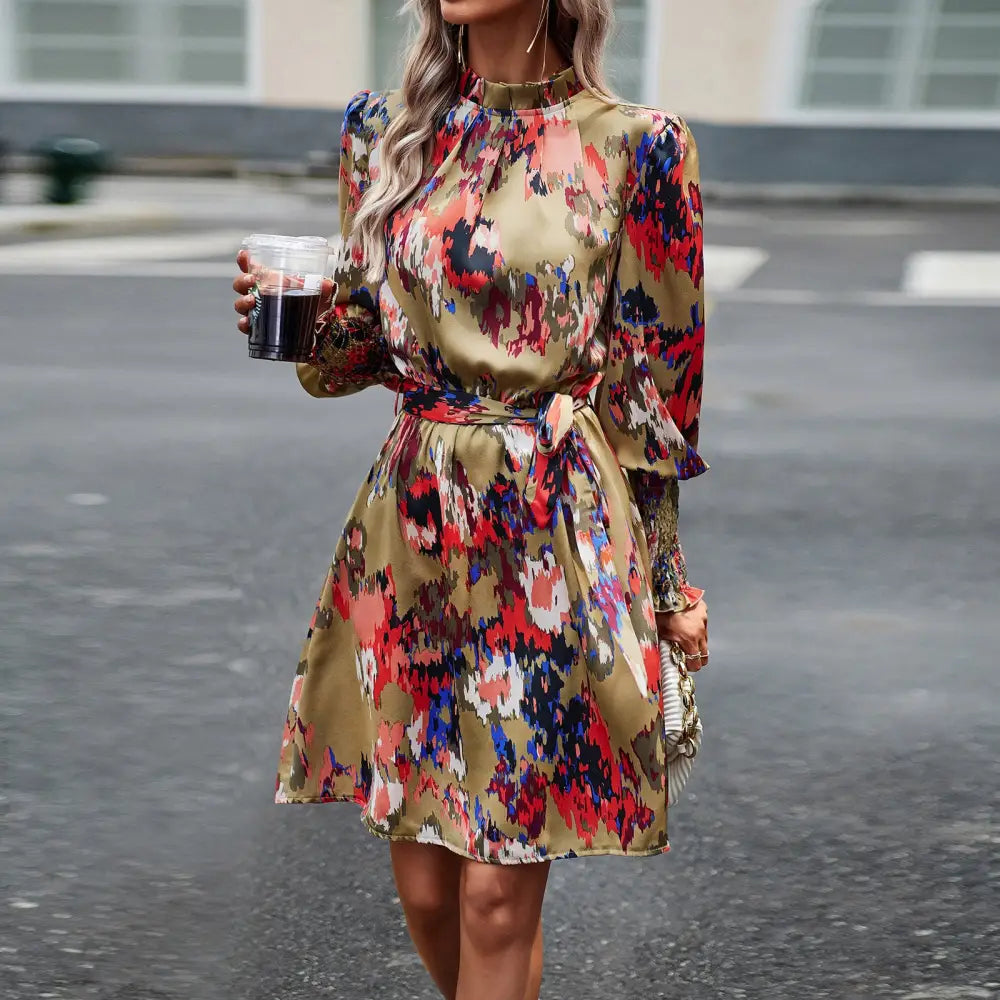 Women’s Fashion Temperament Printed Long Sleeve Dress - Khaki / S