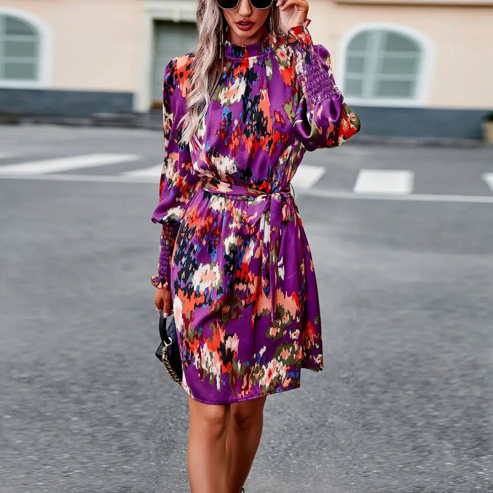 Women’s Fashion Temperament Printed Long Sleeve Dress - Purple / S