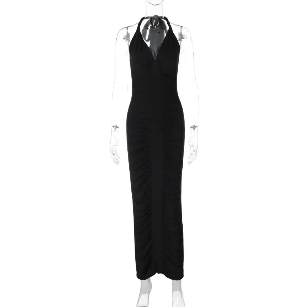 Women’s Fashion V-neck Backless Lace-up Dress - Black / S