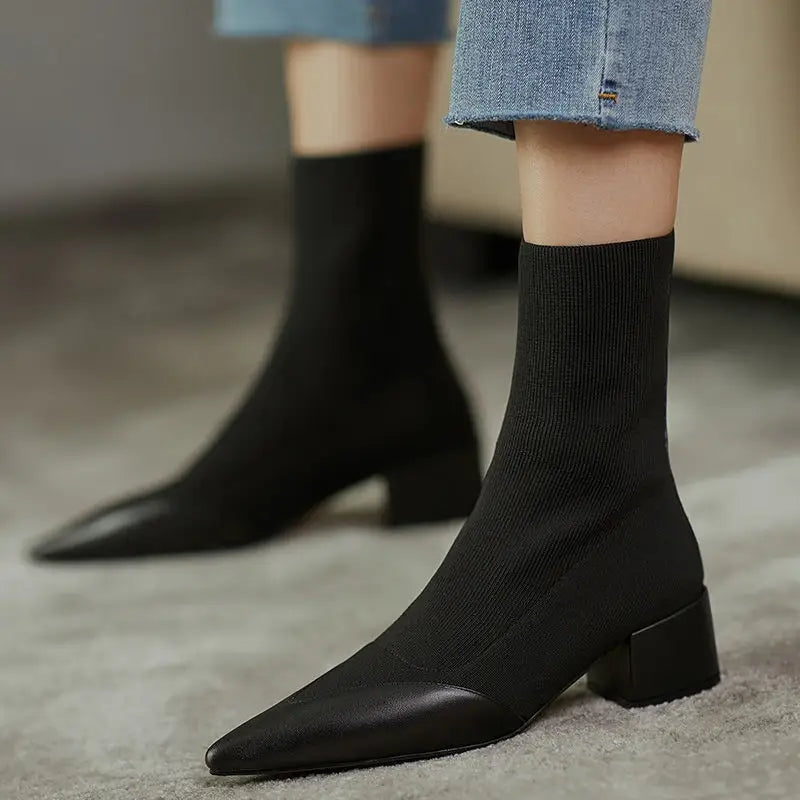 Women's Fashion Woolen Yarn Boots Pointed Chunky Heel Short Boots Beyond Trends Hub