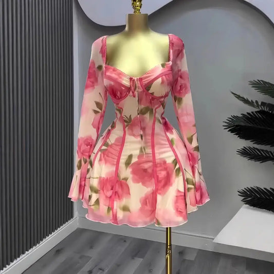 Women’s Flared Long Sleeve Tied Lotus Leaf Flower Print Dress